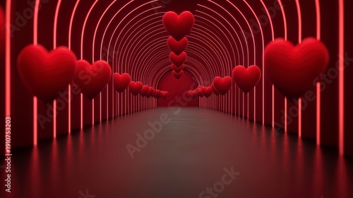Wallpaper Mural A futuristic tunnel illuminated with red neon lights, featuring floating heart shapes lining the path, creating a romantic and modern ambiance. Torontodigital.ca