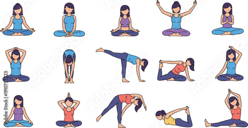 Set of flat vector illustrations featuring a woman practicing various yoga poses for fitness wellness mindfulness and physical health