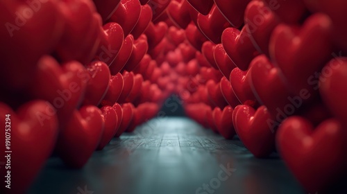 Wallpaper Mural Rows of red heart-shaped objects closely arranged along a dark path creating a romantic atmosphere. Torontodigital.ca