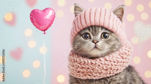 Wallpaper Mural A cute gray kitten wearing a pink knitted hat and scarf, with a heart-shaped balloon and soft bokeh lights in the pink background. Torontodigital.ca
