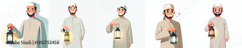 vector half body of muslim man standing holding ramadan lantern