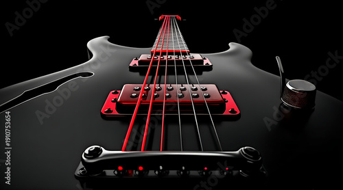Black electric guitar with red string and glossy finish under dramatic lighting conveying moody intensity