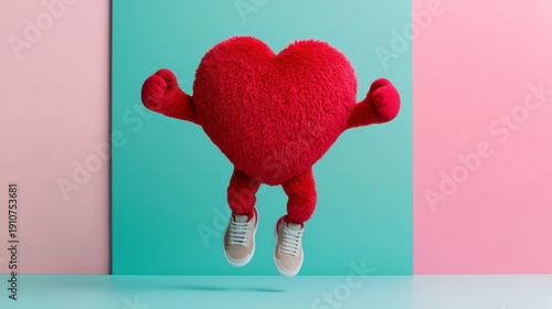 Wallpaper Mural A fluffy red heart with arms and legs wearing sneakers jumps joyfully against a pastel blue and pink background. Torontodigital.ca