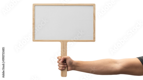 Hand holding blank whiteboard with wooden frame for presentations