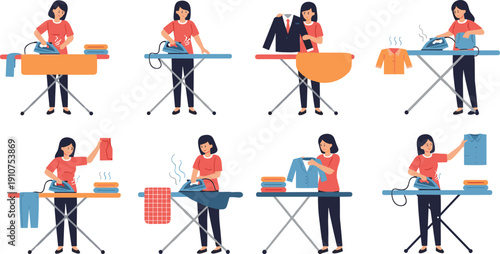 Housewife ironing clothes and folding laundry on board housework routine activities collection flat vector illustration isolated on white background