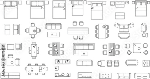 Collection of various furniture line drawings isolated on transparent background
