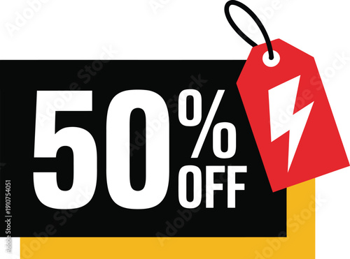 50 percent off sale tag with lightning bolt vector banner