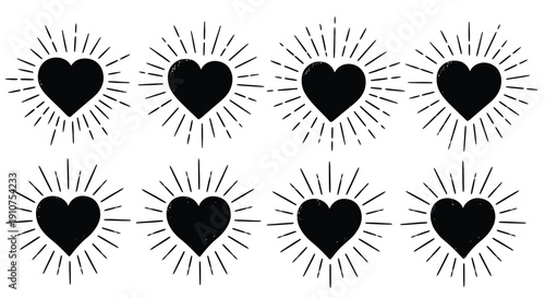 Eight black stylized heart icons radiating light beams creating a seamless vintage pattern perfect for romantic or spiritual design projects