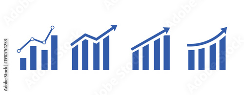 Business growth bar chart icon set. Upward arrow trend graph symbol. Financial analytics progress indicator. Blue vector infographic elements