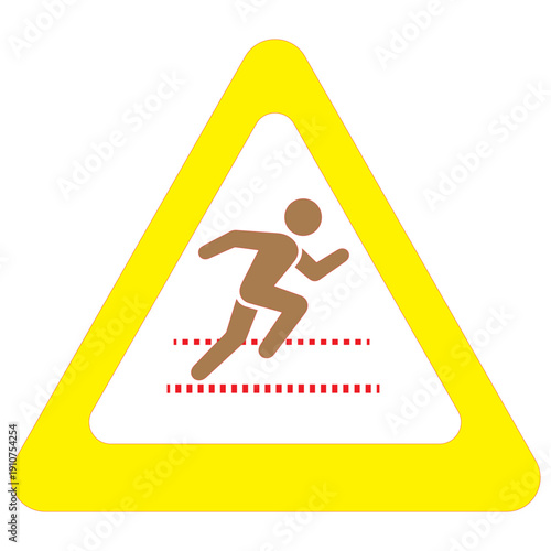 A  triangular warning sign icon featuring a silhouette illustration of a person walking indicates a pedestrian crossing for road safety