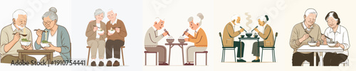 Vector Illustration of an Elderly Couple Eating Noodles