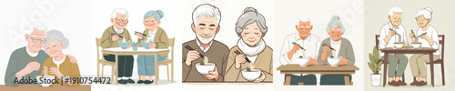 Vector Illustration of an Elderly Couple Eating Noodles