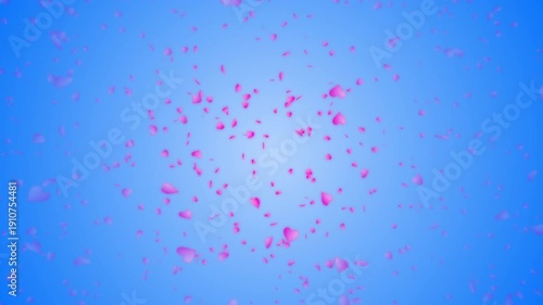 Pink heart shapes being lit up and falling down on blue gradient background. Abstract background for Happy Valentine's day and wedding ceremony.