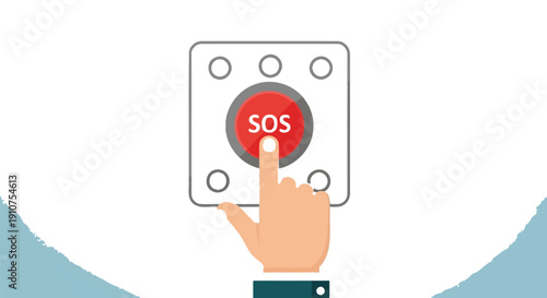 A simple illustration depicts a human finger deliberately pushing a large red emergency alert button labeled with the universal distress signal sos for immediate assistance activation.