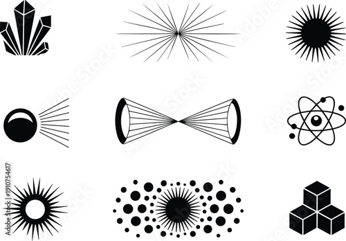 Abstract black and white vector illustration featuring diverse geometric and symbolic icons in grid layout, modern conceptual design representing science, energy, creativity, and visual art