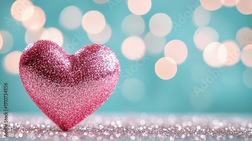 Wallpaper Mural A sparkling pink glitter heart stands upright on a glittery surface with soft bokeh lights in the turquoise background. Torontodigital.ca