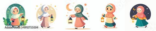 vector little muslim girl walking holding ramadan lantern