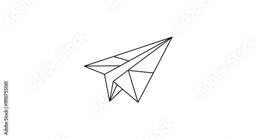 Minimalist line art icon depicting a folded geometric paper airplane design symbolizing travel communication goals and creative childhood imagination soaring through the empty white space