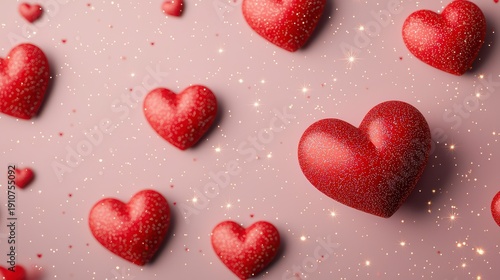 Wallpaper Mural Red glittery hearts scattered on a soft pink background with sparkling light effects, evoking a romantic and festive atmosphere. Torontodigital.ca