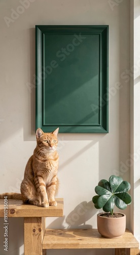 Ginger cat on wooden table beside plant and framed artwork in sunlit room