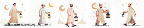 vector muslim man walking holding ramadan lantern