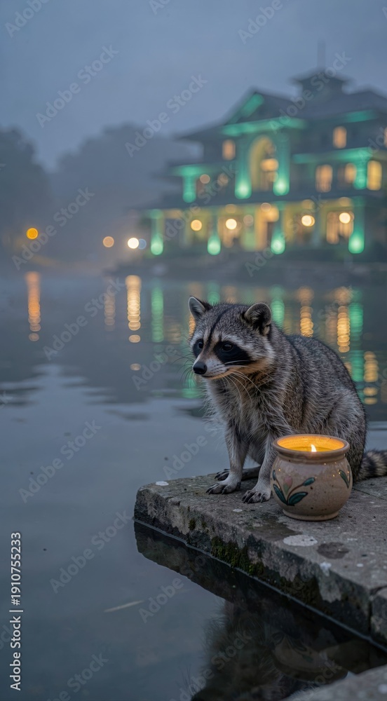 Obraz premium Curious raccoon sitting by a riverside with lantern reflecting distant city lights