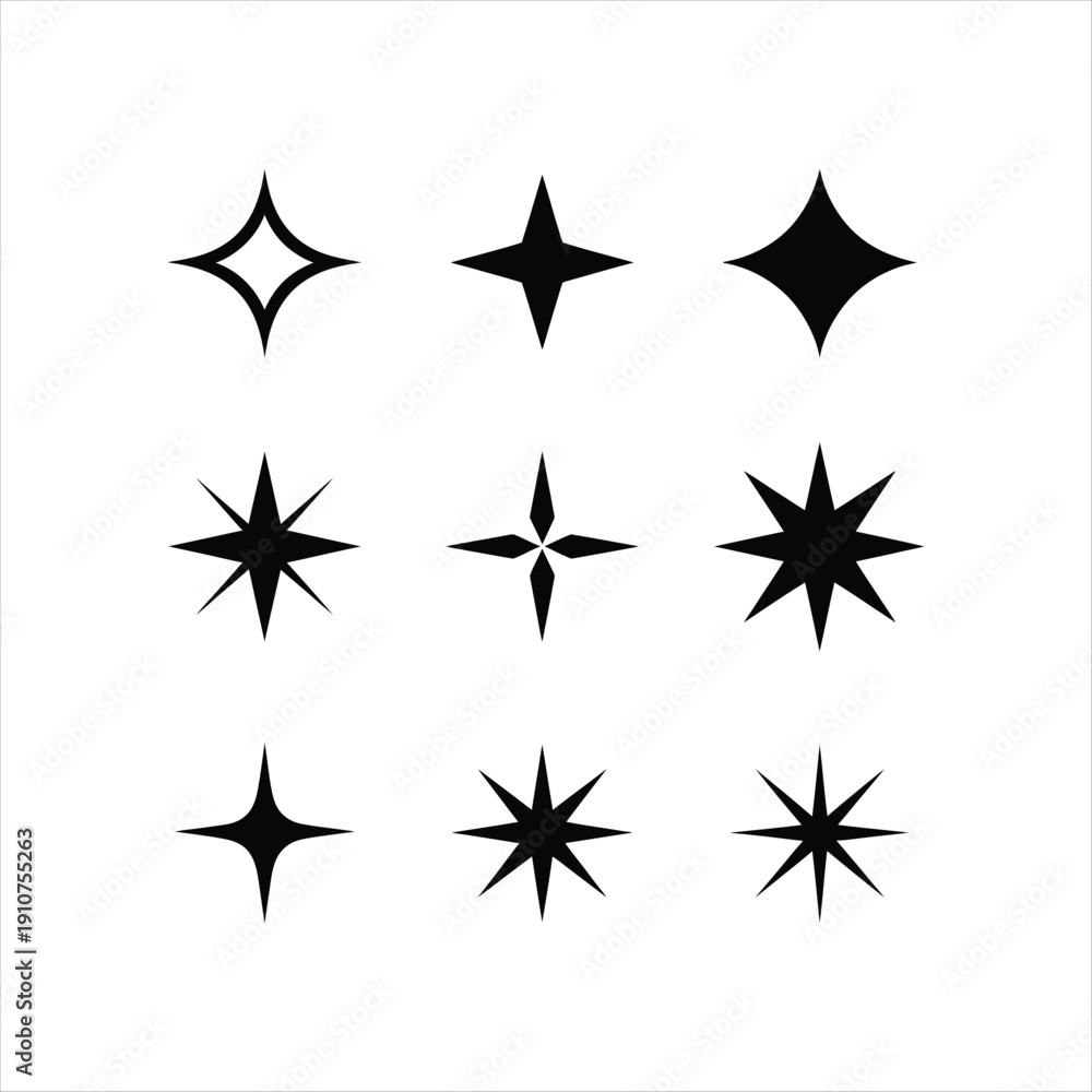 Fototapeta premium Black stars and sparkles silhouette icon set vector collection