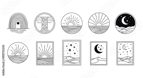 Collection of minimalist boho line art icons depicting various celestial and natural landscapes like sunrises sunsets waterfalls rainbows and starry desert nights