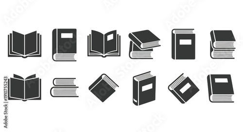 Collection of simple black and white vector icons depicting various open closed stacked and angled books suitable for educational design projects and library interfaces