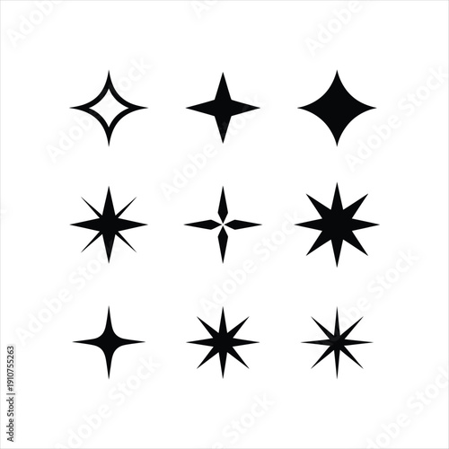 Black stars and sparkles silhouette icon set vector collection