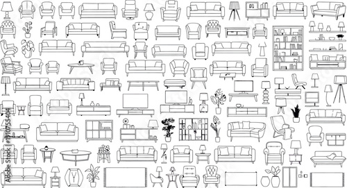 A collection of various furniture and household items illustrated in a simple line drawing style isolated on transparent background