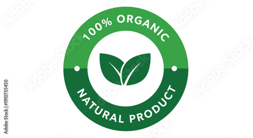 Simple green circular badge design featuring two white stylized leaves to indicate a product is one hundred percent organic and a completely natural item for consumer assurance.