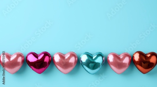 Wallpaper Mural Shiny metallic hearts in pink, red, and blue colors lined up horizontally on a light blue background. Torontodigital.ca
