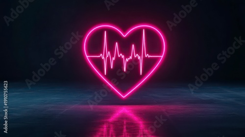 Wallpaper Mural Neon pink heart with an electrocardiogram line inside, glowing against a dark background with its reflection on the floor. Torontodigital.ca