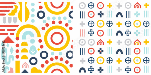 Colorful geometric patterns and shapes arranged in a repeating design