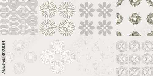 Geometric patterns in neutral tones arranged in a grid like composition