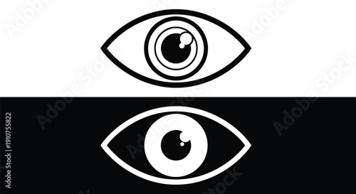 Black and white graphic illustration featuring two stylized human eyes, one against a bright background and the other against a dark background, symbolizing duality and visual perception contrast.
