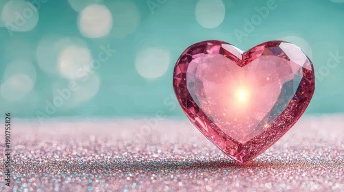 Wallpaper Mural A sparkling pink crystal heart shines brightly on a glittery surface with a soft turquoise bokeh background. Torontodigital.ca
