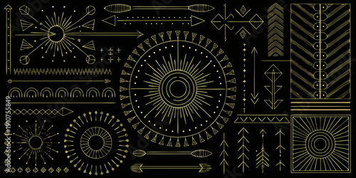 Golden geometric shapes and lines on a black background