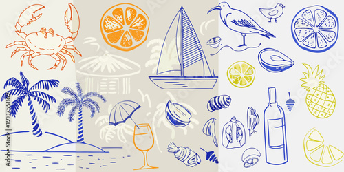 A collection of hand drawn summer and coastal themed illustrations
