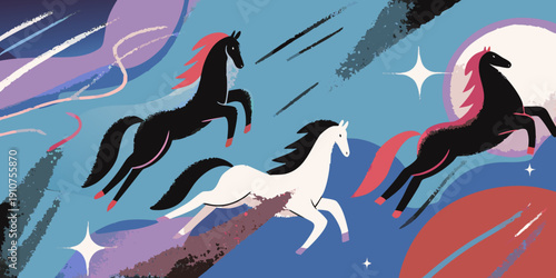 Stylized illustration of two horses one black and one white galloping freely