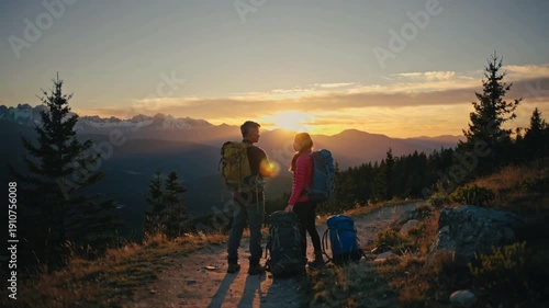 Two hikers with backpacks stand on a mountain trail watching the sunset over forested hills and distant peaks. Outdoor adventure and nature exploration concept with warm evening light.