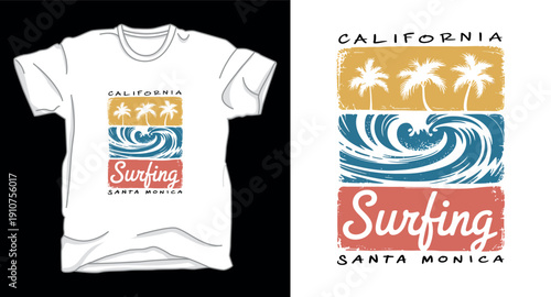 Canvas Print California surfing santa monica distressed t-shirt design with palm trees and oc