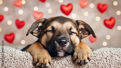 Wallpaper Mural A peaceful puppy sleeps on a soft blanket with red heart shapes blurred in the background, creating a warm and loving atmosphere. Torontodigital.ca