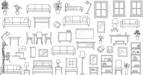 Collection of furniture and home decor line drawings isolated on transparent background