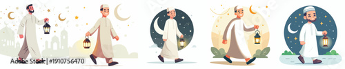 vector muslim man walking holding ramadan lantern