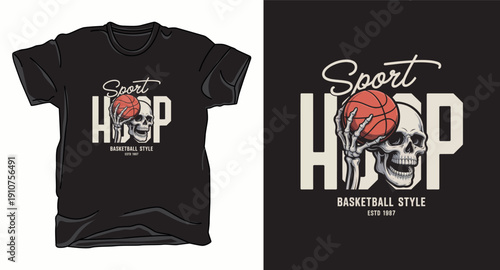 Sport hoop basketball style tshirt design featuring skeleton hand holding ball and skull illustration