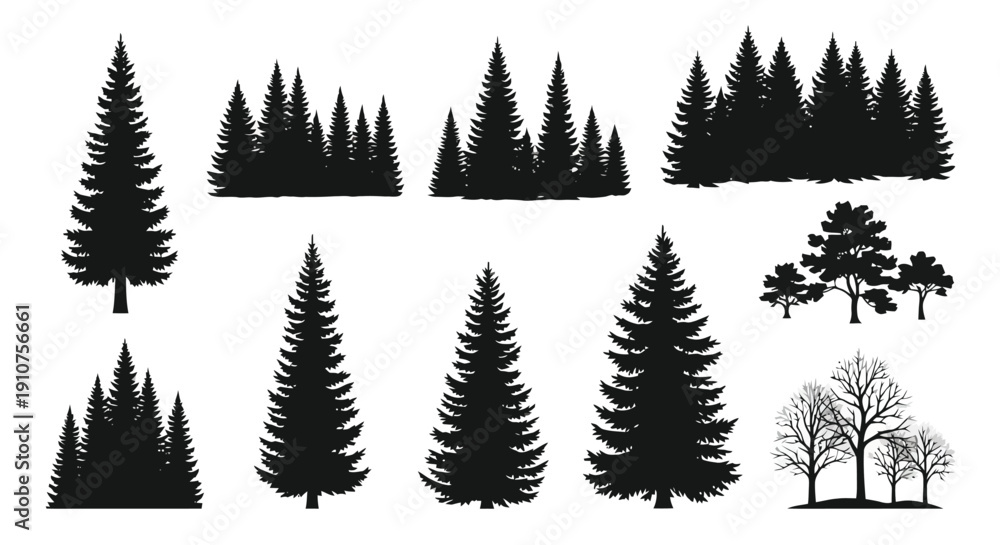 Obraz premium Collection of Pine and Evergreen Tree Silhouettes.