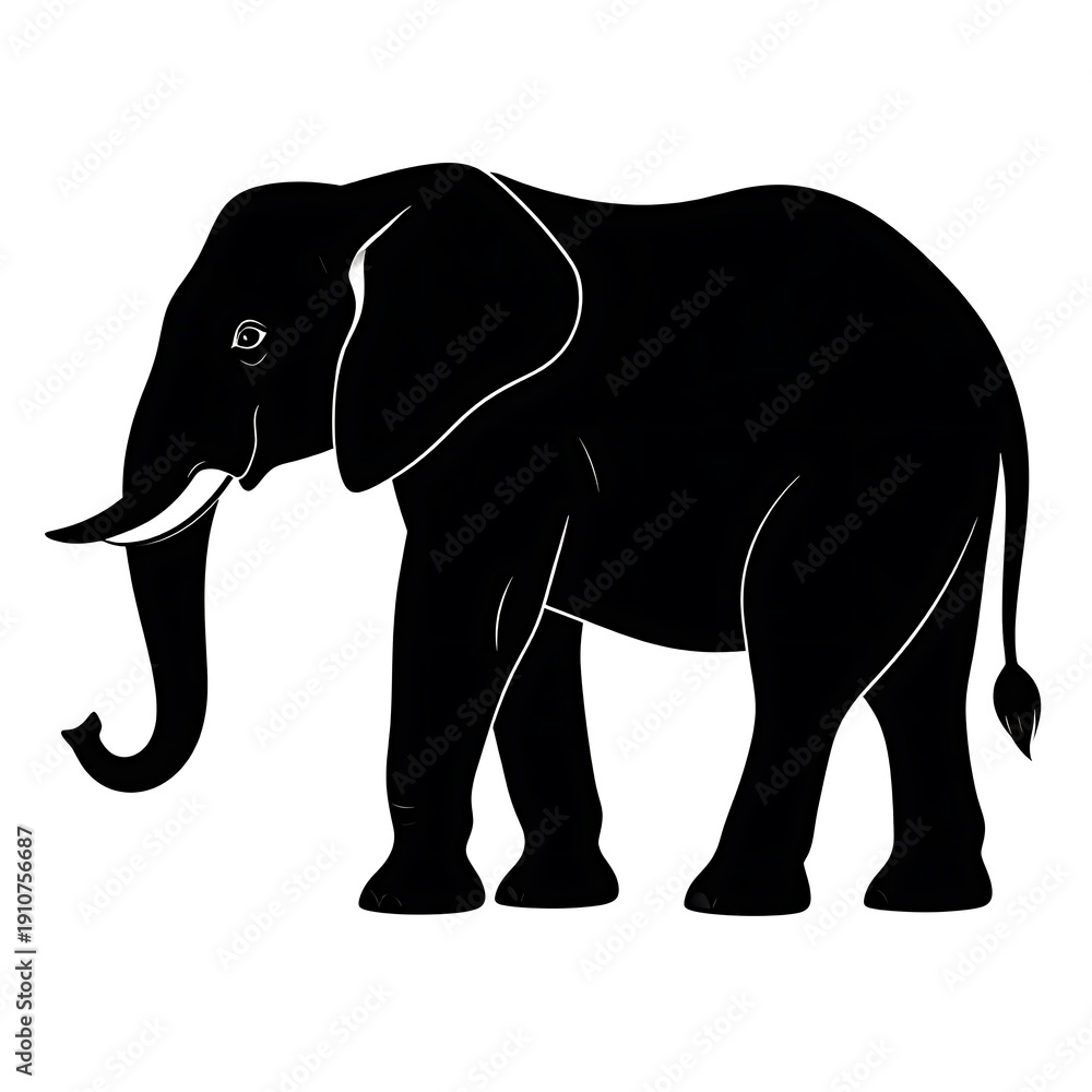 Obraz premium A solid black vector illustration of an elephant standing on white ground, facing left