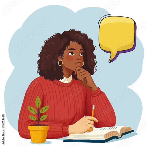 Black woman student sitting at desk thinking and writing in journal. Young African American woman studying with speech bubble and plant. Focused female student brainstorming ideas for creative project